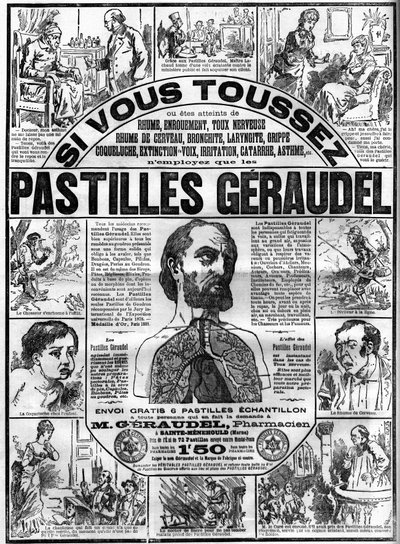 Reklama na tablety Geraudel od lékárníka Arthura Geraudela (1841-1906) a Sainte-Menehould (Sainte Menehould) proti kašli. Gravírování v „“Le monde llustrious““ od Unknown artist