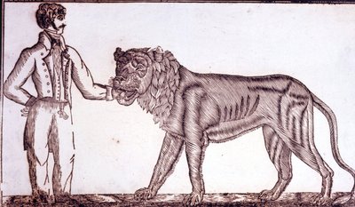 Reklama na cirkus z roku 1800 zobrazující krotitele vkládajícího ruku do tlamy lva. od Unknown artist
