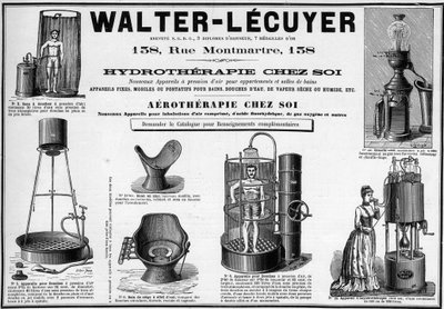 Reklama z roku 1889 na mobilní zařízení pro vany, vodní sprchy, suchou nebo mokrou páru, bidet, značka Walter-Lecuyer (Walter Lecuyer). od Unknown artist