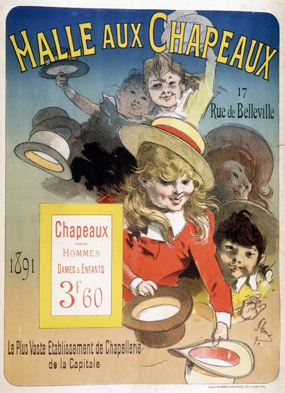 Reklamní plakát na „Halle aux hats“, rue de Belleville v Paříži od Unknown artist