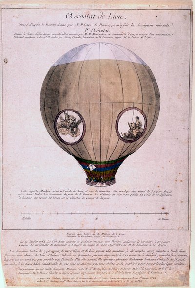 Aerostat de Lyon postavený podle modelu bratří Montgolfierů (Joseph a Etienne), kolem roku 1783. Rytina 19. století. Paříž, B.N. od Unknown artist