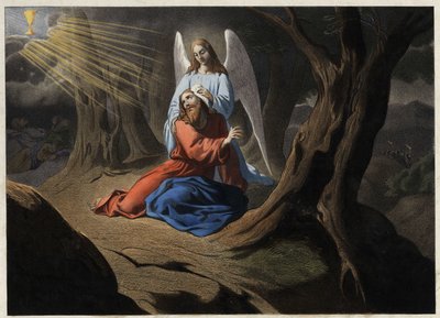 Agónie v zahradě - Kristova modlitba v zahradě Olivetské. Anonymní rytina z poloviny 19. století. od Unknown artist