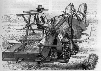 Zemědělství a zemědělské stroje: nový kombajn tažený koňmi, který automaticky svazuje snopy bles na polích. Gravírování do ""La Nature"" od Unknown artist