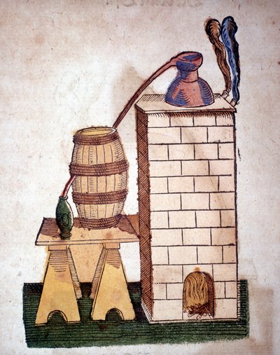 Alchymie: přístroj na destilaci. Rytina z knihy Pietra Andrea Mattioliho (Matthiole) (1500-1577). Frankfurt od Unknown artist