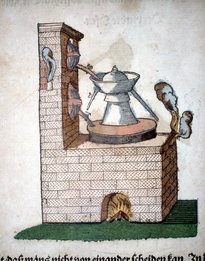 Alchymie: přístroj na destilaci, převzato z knihy Pietra Andrea Mattioliho (Matthiole) (1500-1577). Frankfurt od Unknown artist