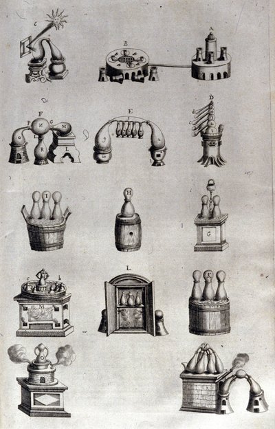 Alchymie: deska představující různé modely destilačních přístrojů a destilačních přístrojů. Athanase Kircher (nebo Athanasius Kircheri 1602-1680), německý jezuita. rytina ze 17. století. od Unknown artist
