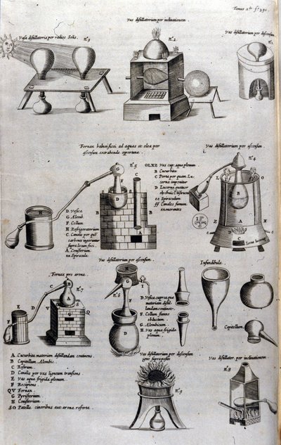Alchymie: deska představující různé modely destilačních přístrojů a destilačních přístrojů. Athanase Kircher (nebo Athanasius Kircheri 1602-1680), německý jezuita. rytina ze 17. století. od Unknown artist