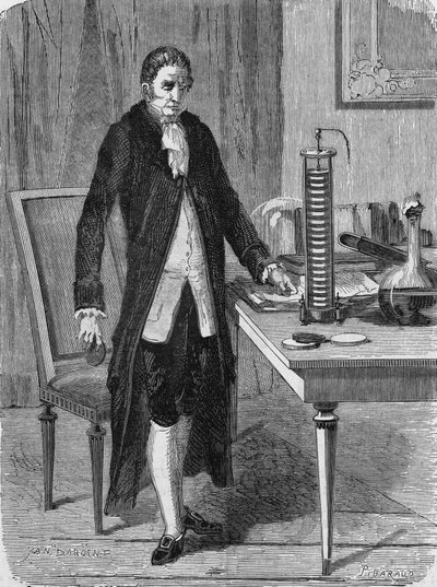 Alexander (Alessandro) Volta postavil v prosinci 1799 elektrický motor (nebo baterii). V „Album vědy“, Editions Jouvet od Unknown artist