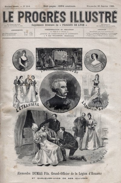Alexandre Dumas Jr. - Velký důstojník Čestné legie a některá z jeho děl - rytina v „Le Progres illustrious““ z roku 1895 od Unknown artist