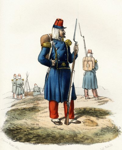 Alžírsko, lehká pěchota francouzské armády Afriky během expedice v roce 1830. V “” Storia d