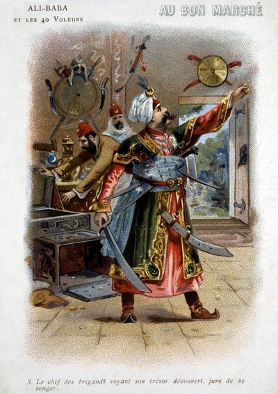 Ali – Baba (Ali Baba) a 40 zlodějů (příběhy tisíce a jedné noci): Náčelník lupičů, když vidí svůj poklad odkrytý, přísahá pomstu – Karton „Dobrého pochodu“, konec 19. století od Unknown artist