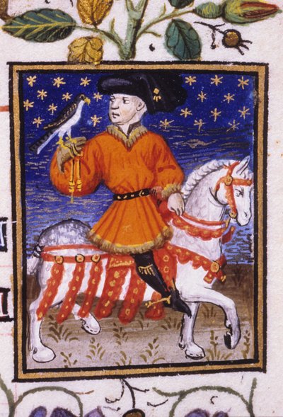 Alegorické zobrazení máje. Mladý pán s podprsenky mačkajícími na koleně podvazek držící sokola. Miniatura rukopisu ze 14. století; od Unknown artist