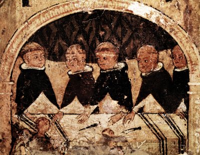 Oltářní obraz ze života svatého Dominika z Guzmanu (1170-1221), zakladatele dominikánského řádu: skupina dominikánských mnichů attable. Malba na dřevě ze 13. století. Neapol, Museo Nazionale di Capodimonte od Unknown artist