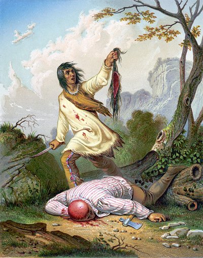 Americký Indián držící nůž a skalp nad mužem ležícím na podlaze. Rytina v. 1860. od Unknown artist