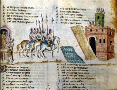 K hradu se blíží armáda. Miniatura „Roman de Troy““ od Benoita de Sainte Maure. 14. století, Biblioteca Marciana, Benátky od Unknown artist