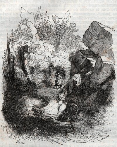 Angelique (Angelica) prchající před starým poustevníkem - rytina z roku 1851 z „“Zuřivého Rolanda““ (Orlando furioso) (16. století) od Ludovica Ariosta, známého jako Ariosta – vydání přeložené z italštiny hrabětem z Tressanu a vydané Gustavem Harvardem 1 od Unknown artist