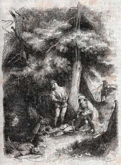 Angelique (Angelica) záchrana Medor (Medoro) wesse - rytina z roku 1851 z „“Zuřivého Rolanda““ (Orlando furioso) (16. století) od Ludovica Ariosta, známého jako Ariosta – vydání přeložené z italštiny hrabětem z Tressanu a vydané nakladatelstvím Gustave Har od Unknown artist