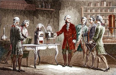 Antoine Laurent Lavoisier (1743-1894) provedl rozklad vzduchu v roce 1776 - Antoine Laurent Lavoisier, anglický chemik, ukázal kolegům svůj experiment, který odhalil složení vzduchu v roce 1776 - Rytina od Louise Figuiera od Unknown artist