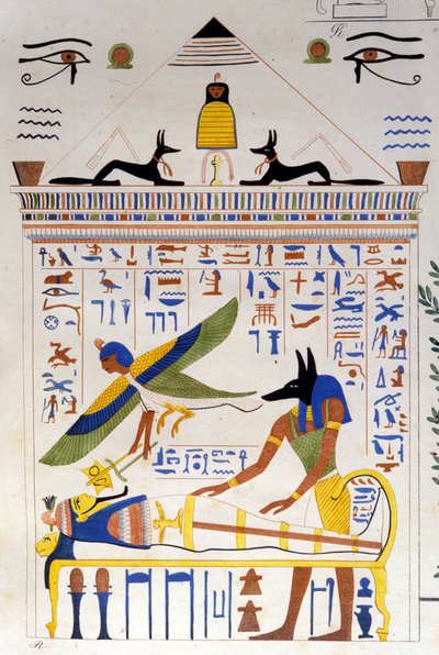 Anubis se stará o mumii, zatímco duše zesnulého letí na transmigraci - v „Památkách Egypta a Horní Núbie““ od Ippolita Roselliniho (Rossellini). od Unknown artist