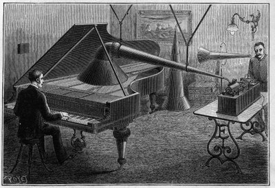 Zařízení pro záznam klavírní skladby fonografem, vynález Thomase Alvy Edisona (1847-1931). Gravírování v "" přírodě. Vědecký časopis a jeho aplikace v umění a průmyslu. od Unknown artist