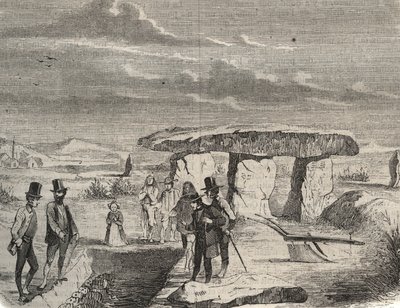 Archeologické vykopávky: objev galských hrobek poblíž Dolmen de la Pierre aux Fees (Pierre-aux-Fees) v Oise (60). Rytina z roku 1856 v „“Le Musee Des Sciences““ od Unknown artist