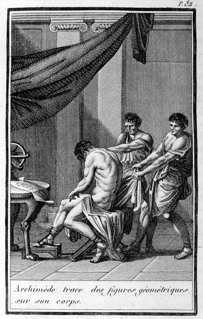 Archimedes na svém těle obkresluje geometrické obrazce. od Unknown artist