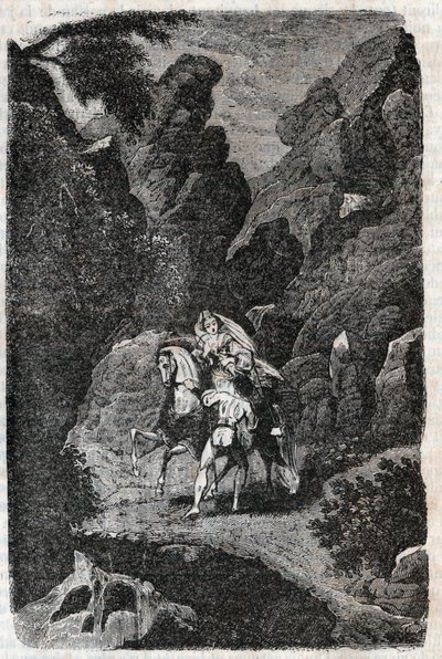 Argie napaden rozkazem svého ženicha - rytina z roku 1851 z „“Zuřivého Rolanda““ (Orlando furioso) (16. století) od Ludovica Ariosta, známého jako Ariosta – vydání přeložené z italštiny hrabětem z Tressanu a vydané Gustavem Harvarem od Unknown artist