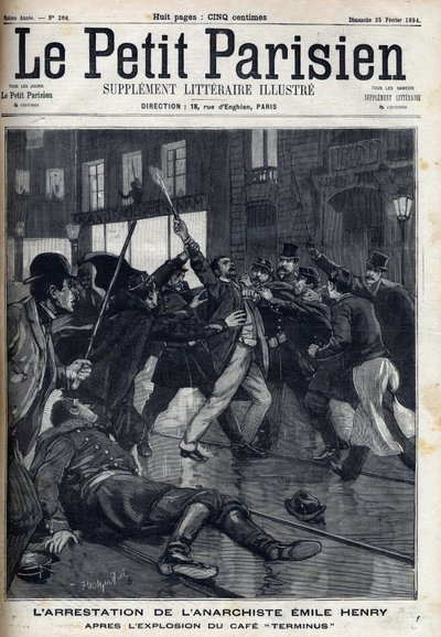Zatčení anarchisty Emila Henryho (1872-1894) po výbuchu kavárny „Terminus“ v Paříži. Gravírování v „“Le Parisien““ od Unknown artist