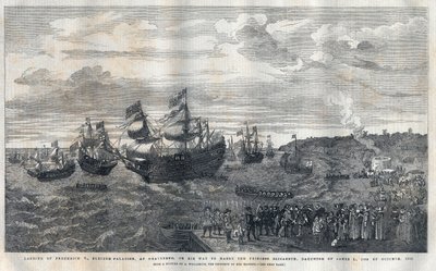 Příjezd Frederique V. z Falce (1596-1632) do přístavu Gravesend, aby se 16. října 1612 oženil s princeznou Elisabeth Anglickou (1596-1662), dcerou krále Jakuba I. (1566-1625). Uvítal ho James Hay (1. hrabě z Carlisle) (asi 1580-16 od Unknown artist