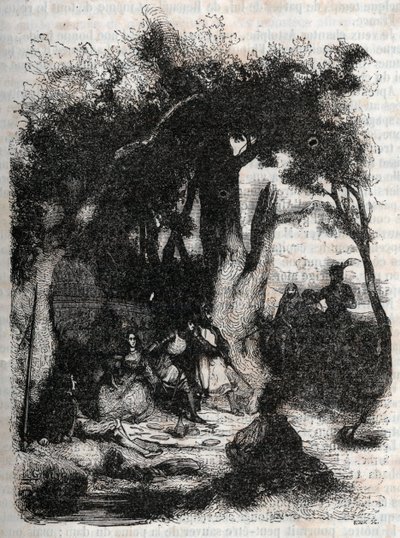 Příjezd Rodomonta a Mandricarda k Merlinově fontáně – rytina z roku 1851 z „“Roland furieux““ (Orlando furioso) (16. století) od Ludovica Ariosta, známého jako Ariosta – vydání přeložené z italštiny hrabětem z Tressanu a vydané nakladatelstvím od Unknown artist