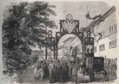 Příjezd Impress Elisabeth Rakouské (Sissi) (Alžběty Rakouské) do Bad Kissingen (Lázně) v roce 1865 - rytina v „The Illustrous World“ z roku 1865 od Unknown artist