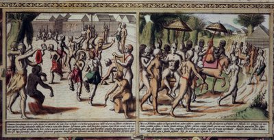 Umění Portugalska: tanec domorodých detailů mapy Guineje od Luise Texeiry (1602-1650), rytina 17. století. od Unknown artist
