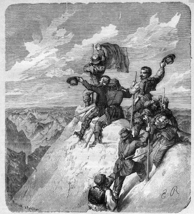 Nanebevstoupení Illimani (6.439 m) (Nevado Illimani, vrchol Paříže) Charles Wiener (1851-1913) francouzský cestovatel a diplomat a jeho společníci - rytina v „“ journal des voyages“““ 1887 od Unknown artist