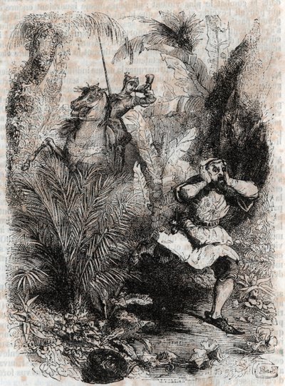 Astolphe uteče Kaligorantovi – 1851 rytina z „“Zuřivého Rolanda““ (Orlando furioso) (16. století) od Ludovica Ariosta, známého jako Ariosto – vydání přeložené z italštiny hrabětem z Tressanu a vydané Gustavem Harvardem 1851 od Unknown artist