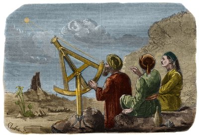 Astronomie: Arabští vědci zvyšující výšku Slunce na Babylonské pláni kolem roku 825. Používají čtvrtkruh s jehlany. Rytina z roku 1857 v „“Le Musee Des Sciences““ od Unknown artist