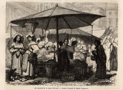 Na úpatí náměstí Piazza Navona, Řím (Itálie). Rytina pro ilustraci plavby do Říma od Francise Weye v letech 1864-1868, publikovaná v „Le tour du monde, nouveau journal des voyages“, pod vedením Edouarda Chartona od Unknown artist