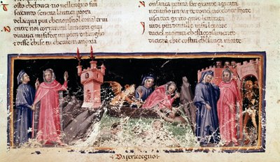 Vlevo stojí Dante a Virgil na břehu řeky Styx, ponurém břehu Acheronu. Uprostřed Charon převáží Danteho a Virgila, kteří vypadají velmi vyděšeně (píseň 3 z Pekla, v Božské komedii) - miniatura od Unknown artist