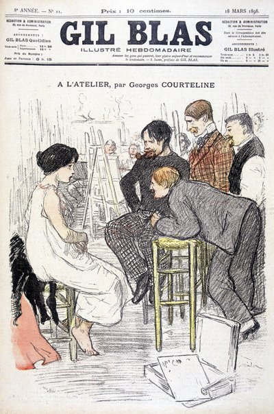 Na workshopu od Georgese Courteline. Muž sleduje ženu pózující v dílně. V ""Gil Blas"", dne 18.3.1898. od Unknown artist