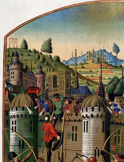 Útok na hrad Philippe Auguste s výhledem na Paříž a šibenici Montfaucon během 100leté války, polovina 15. století. (detail 14103). od Unknown artist