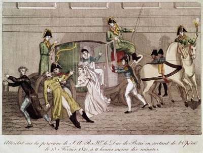 Útok na vévodu z Berry od Louise Pierra Louvela při odchodu z opery 13. února 1820. Rytina 19. století. od Unknown artist