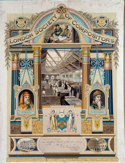 Autogramový certifikát klavistu (operátora tisku) vydaný Society of Clavists of London. Je vyzdoben portréty Johannese Gutenberga a Willimy Caxtonové. Soukromá sbírka 19. století od Unknown artist