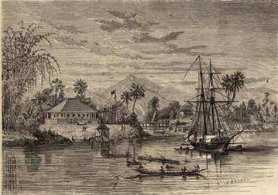 Bangalow, domov sira Jamese Brooka, známého jako Rajah of Sarawak (1803-1868) Britský dobrodruh, první bílý Rajah of Sarawak v okolí Sarawaku (Borneo). Rytina v „Le Monde illustrious““ z roku 1857. Soukromá sbírka. od Unknown artist