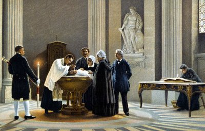 Křest dítěte v kostele. Chromolitografie 19. století. od Unknown artist