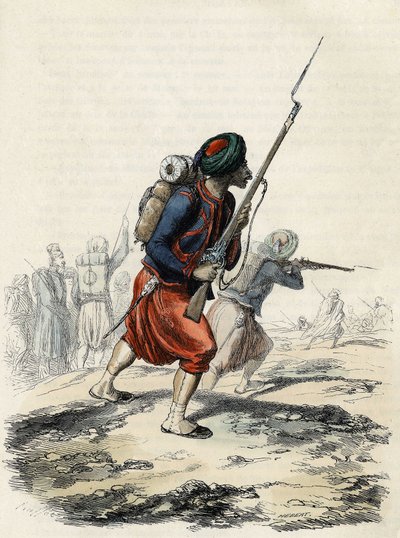 Prapor Zouaves z Francouzské Armee, složený z domorodců, vytvořený generálem Clauselem v roce 1830 pro výpravu Atlasu do Alžírska, V „“L
