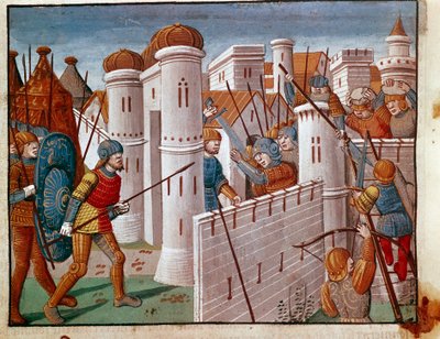 Bitva na úpatí hradeb miniaturního města převzatého z „Fakta Římanů““, která líčí život dvanácti Cesarů. Benátky 13. století, biblioteca Marciana od Unknown artist