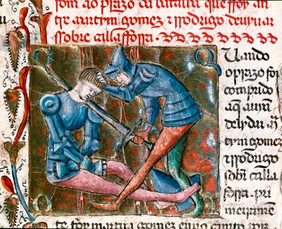 Bitva mezi Rodrigem Diazem de Vivar dit Le Cid (1043-1099) a Martinem Gomezem. Miniaturní snímek „“Kroniky Španělska““ od Unknown artist