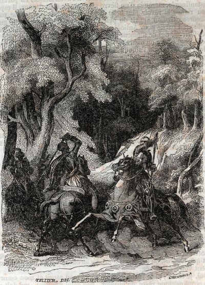 Bitva mezi Rolandem a Ferragusem – rytina z roku 1851 z „“Zuřivého Rolanda““ (Orlando furioso) (16. století) od Ludovica Ariosta, známého jako Ariosta – vydání přeložené z italštiny hrabětem z Tressanu a vydané Gustavem Harvardem 1851 od Unknown artist