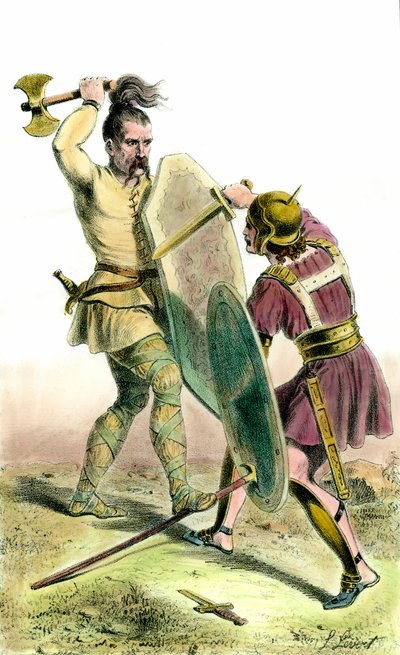 Bitva mezi franckým vojákem a římským vojákem. Soukromá sbírka rytin z 19. století od Unknown artist