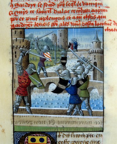 Bitva rytířů Palamede a Artus. Miniatura v ""Roman Du Grail"" od Unknown artist