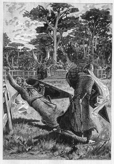 Bitva rytířů Pinabel a Thierry ve středověku (středověk) ve Francii. Ilustrace románu „La chevalerie“ od Leona Gautiera (1832-1897). Gravírování v „“Le Monde Illustré““ od Unknown artist